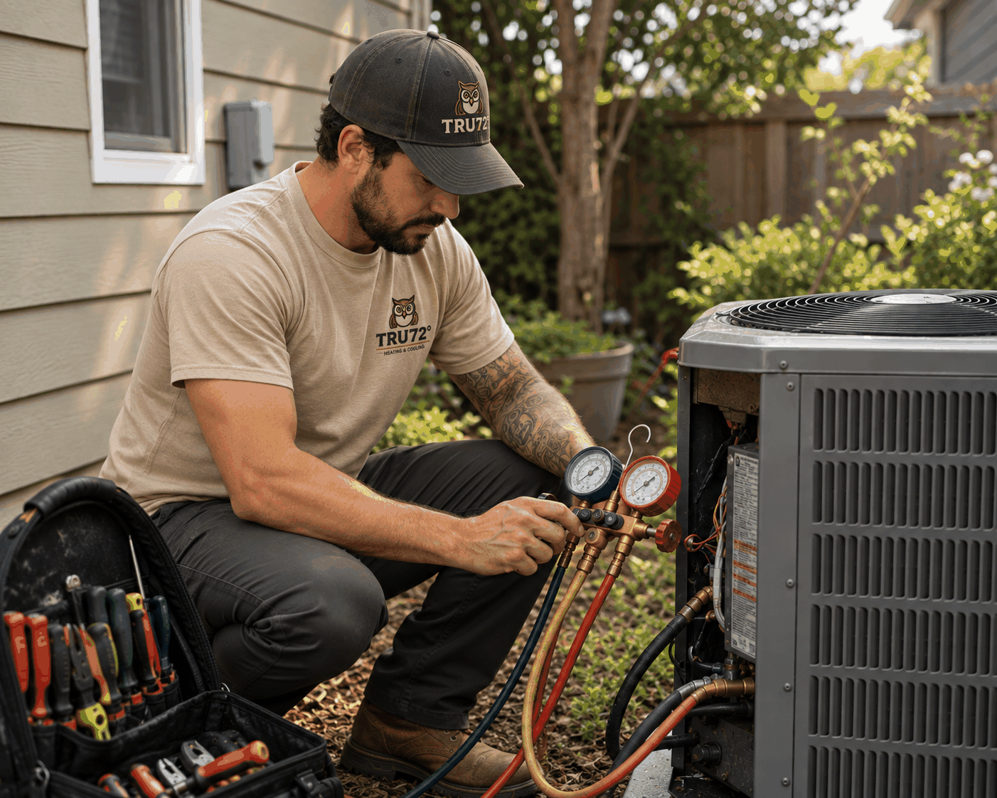 Tru72 technician taking refrigerant readings with a manifold gauge set at an outdoor air conditioning unit