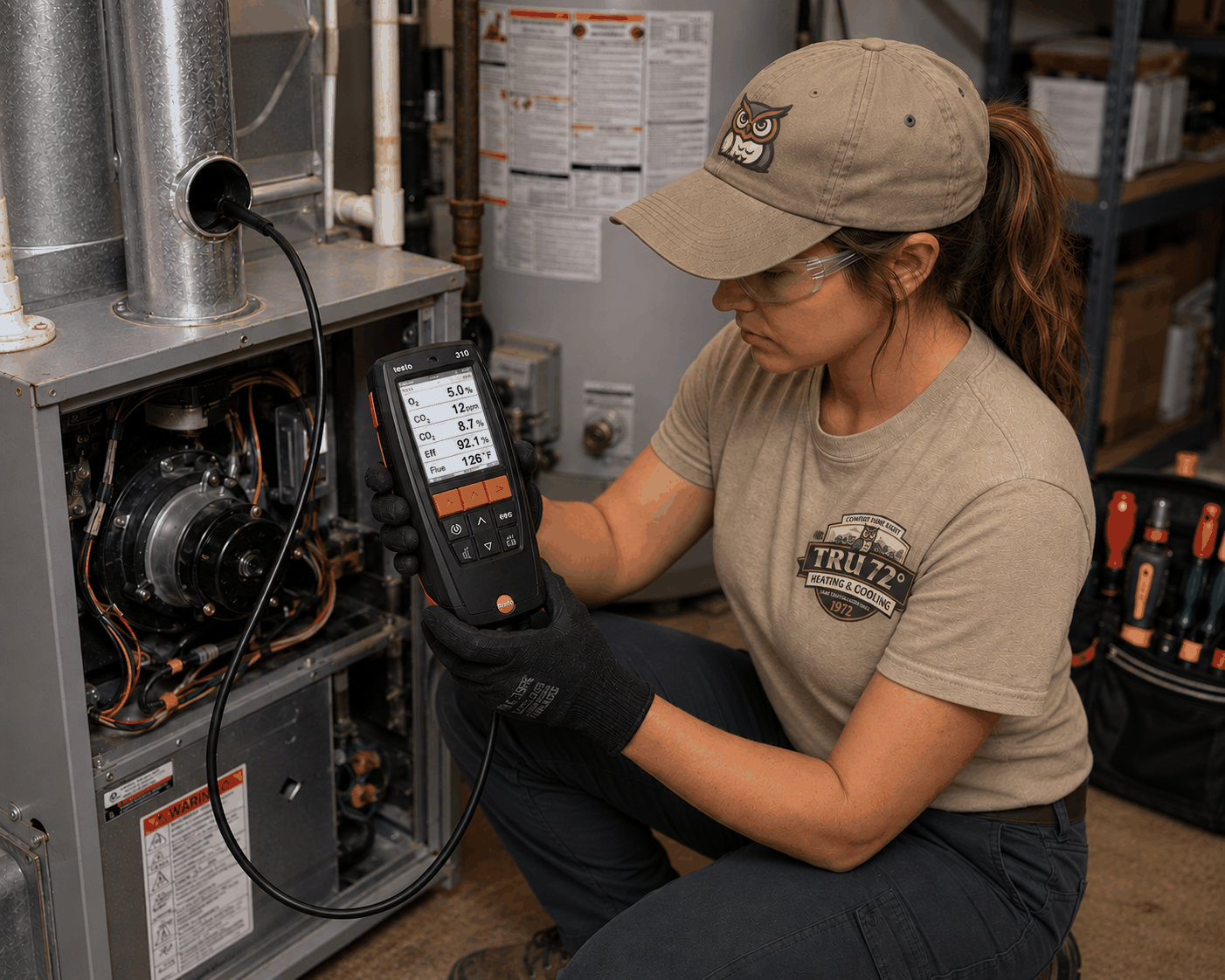 Tru72 technician taking a combustion analyser reading at a residential gas furnace