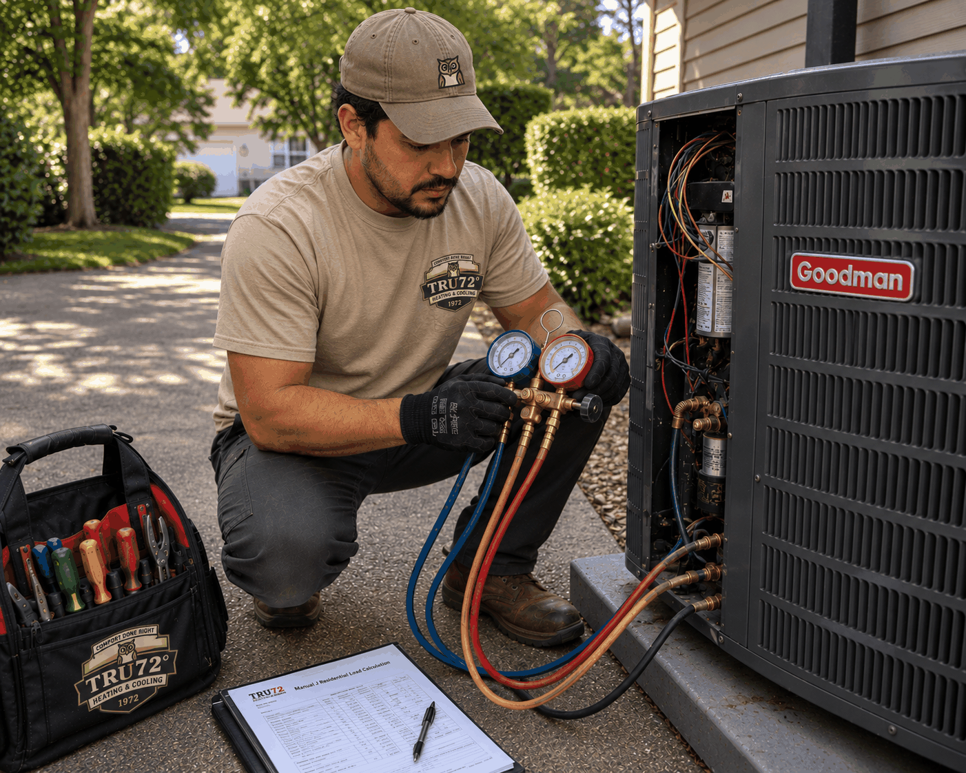 Tru72 technician taking refrigerant readings at an outdoor heat pump at an Albany-area home, with a Manual J load calculation on the clipboard
