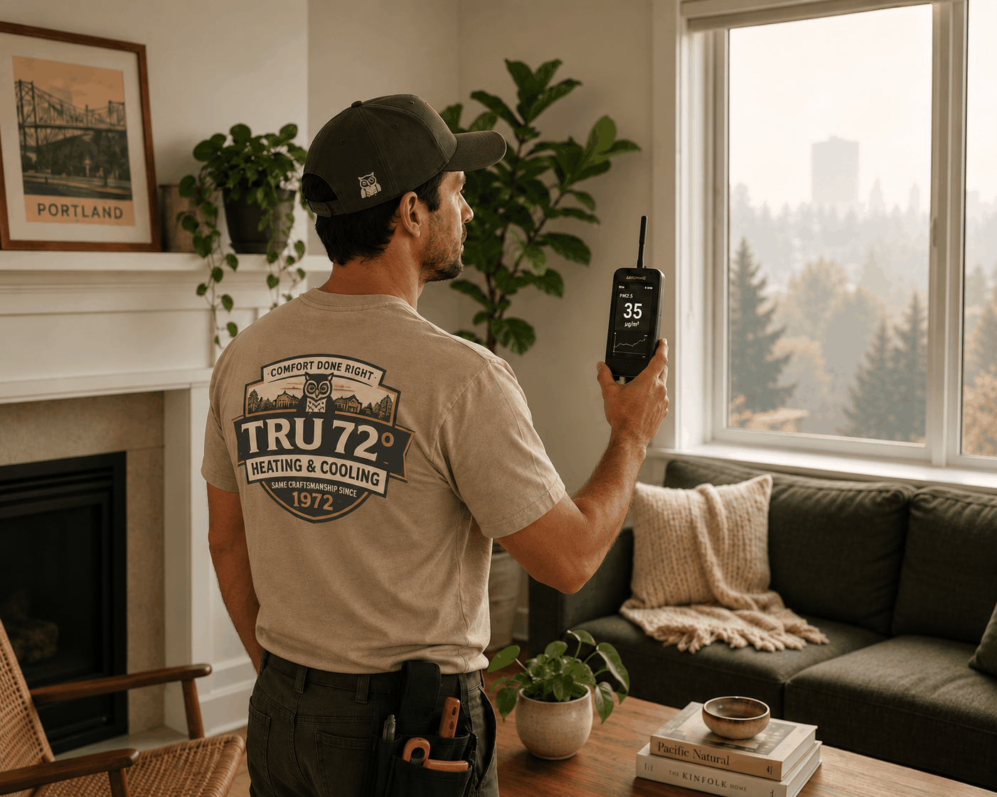Tru72 technician taking an indoor air reading with a handheld meter in the living room of a Portland-area home