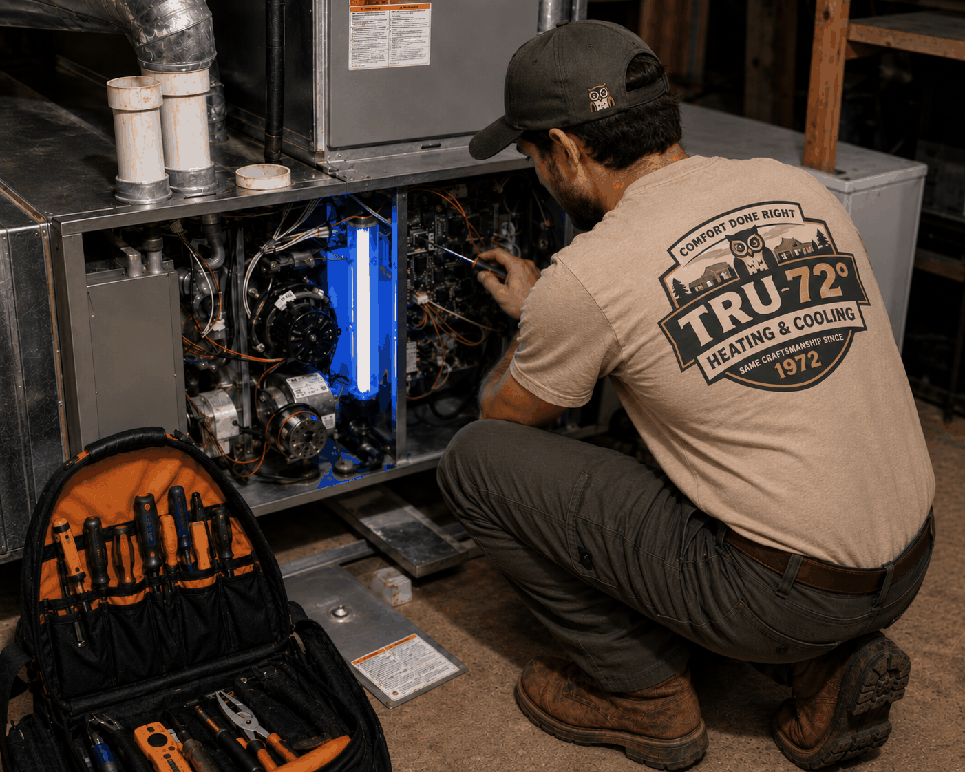 Tru72 technician servicing an air handler fitted with a UV air-purifying lamp at an Albany-area home