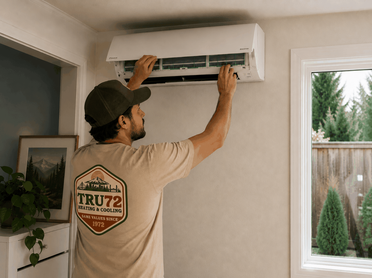 Tru72 technician installing a ductless mini-split head in a Portland-area home